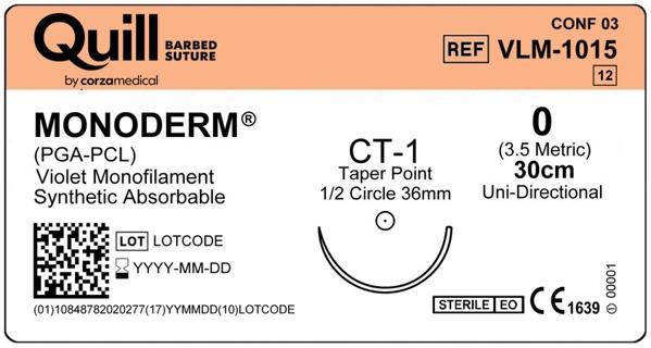 Монодерм (Monoderm), фіолетовий, 0,30см (cm), колюча голка (Taper Point), CT-1 (36мм (mm) 1/2 кола), односпрямований